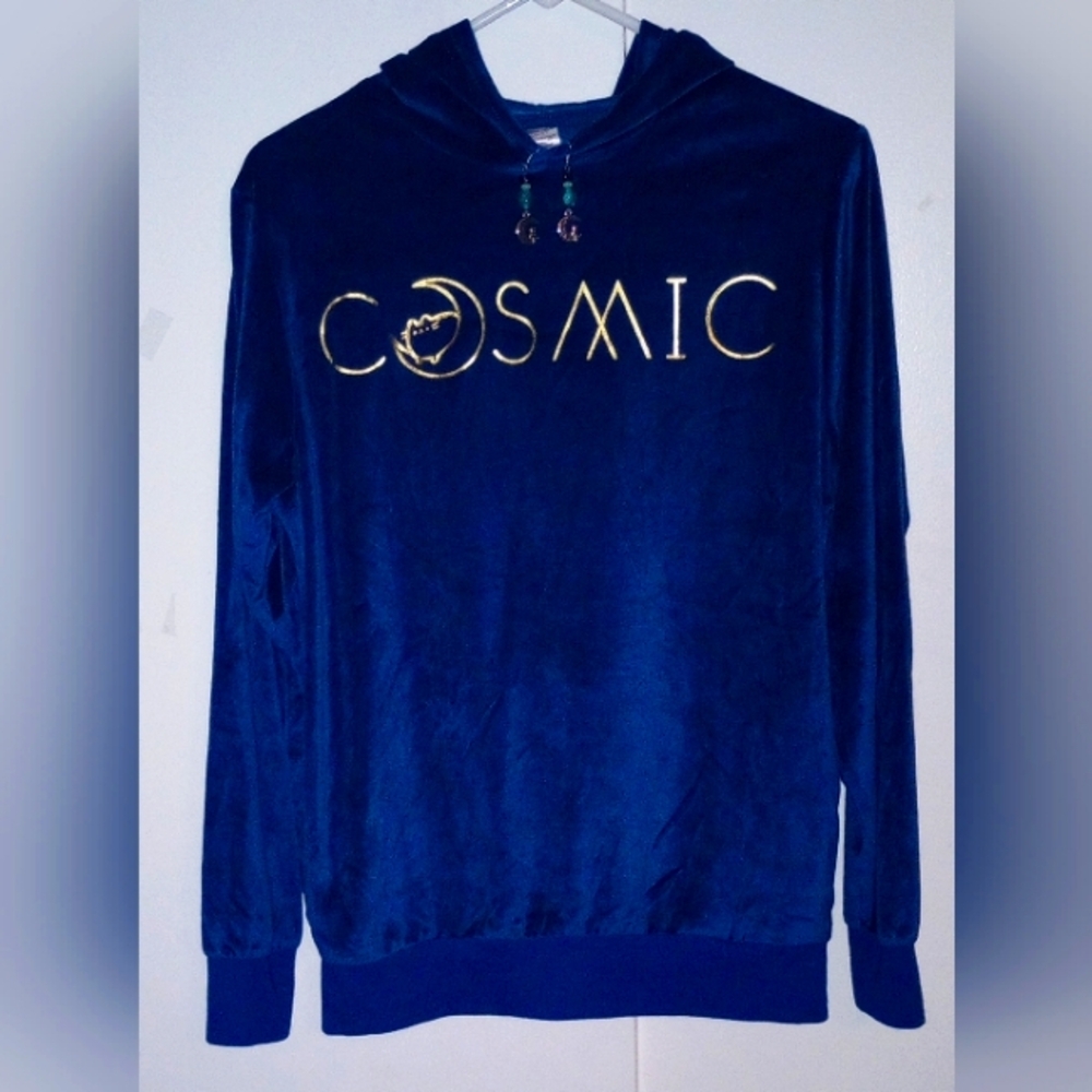 Cosmic Cat Blue Velvet Hoodie Sz Sm Cat on Moon Charms Uranium Beads